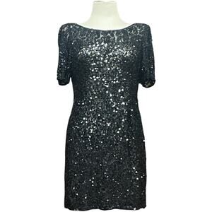 Scala Silk Beaded Sequined Cocktail Dress Vintage 90s Black 12